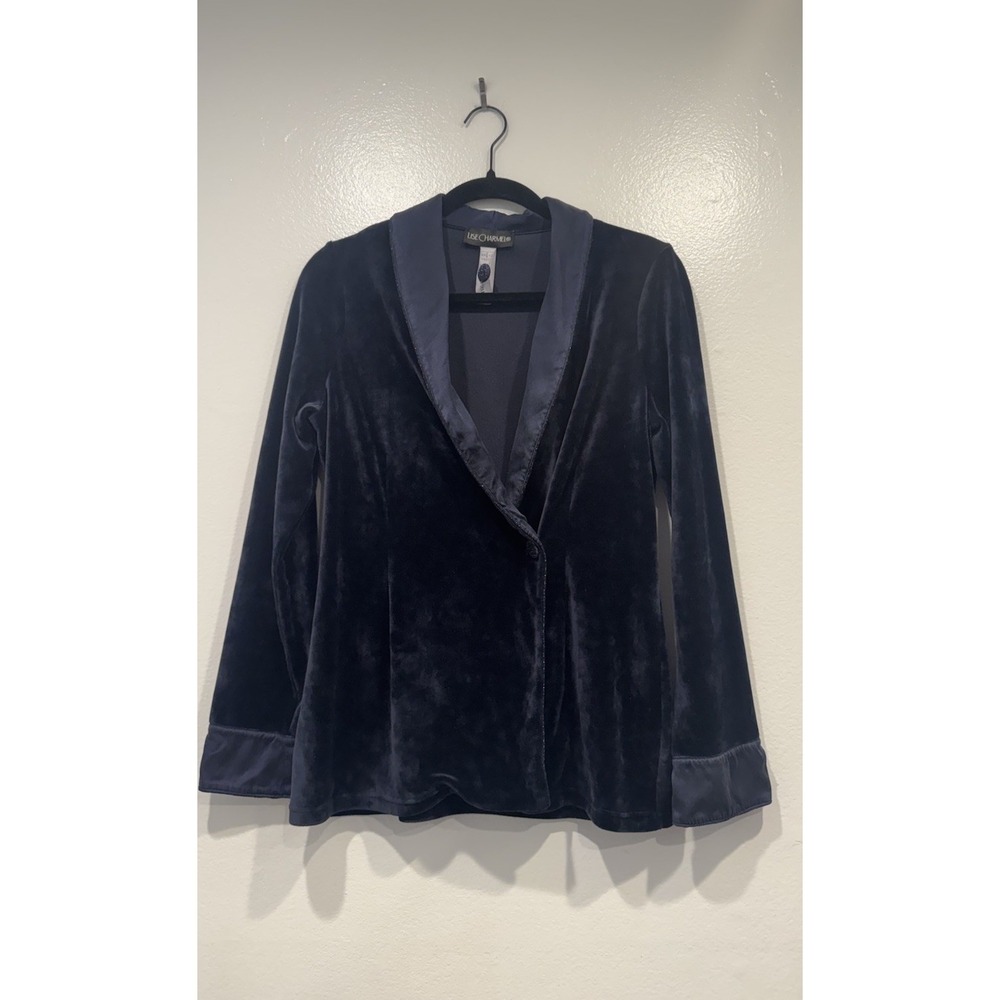 Lise Charmel Navy Blue Velvet Silk Trim Jacket Size Small Romantic Sparkle Trim